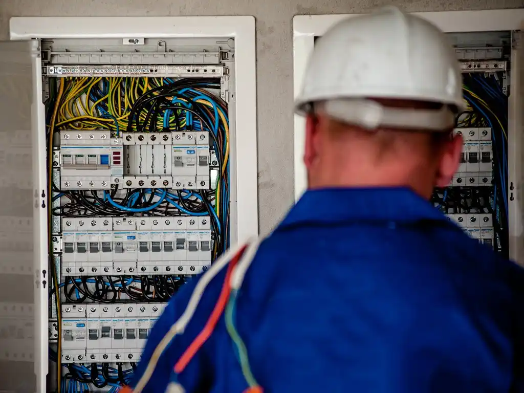 Electrician in front of consumer units